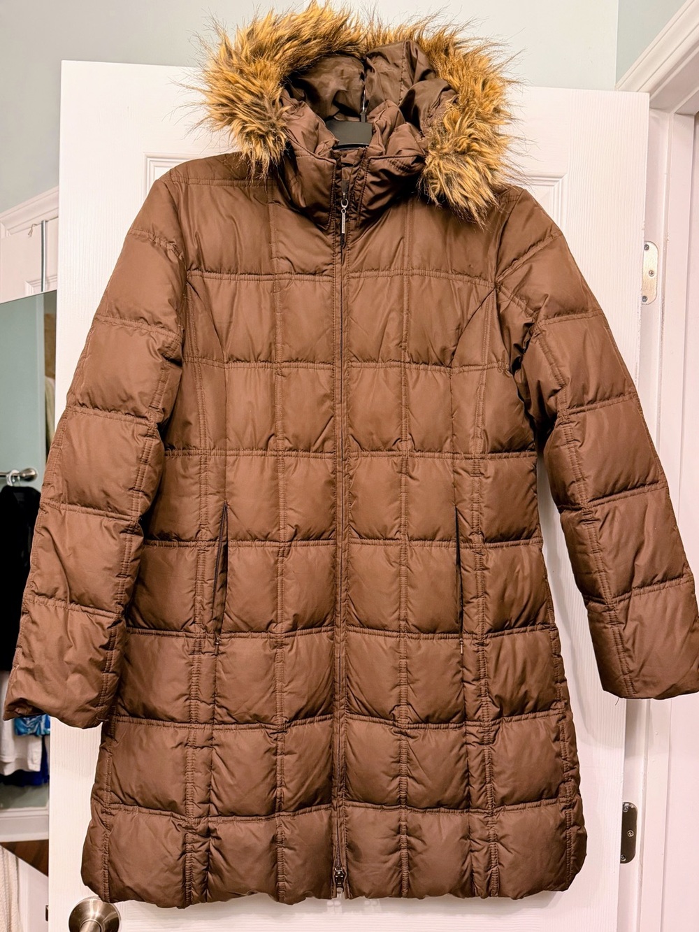 Weatherproof Women's Long Brown Quilted Puffer Coat with Faux Fur Trim